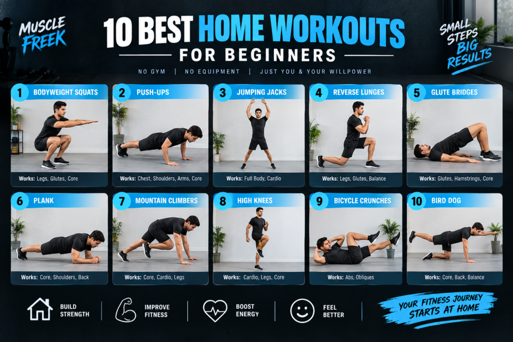 10 best home workouts for beginners including squats, push-ups, lunges and planks
