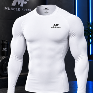 Muscle Freek white full sleeve compression T-shirt for men with black logo in a gym background